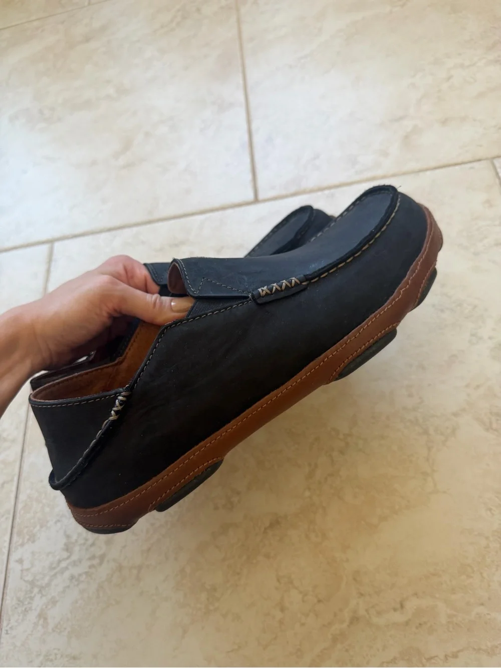 OLUKAI Black Moloa Leather Slip On Shoes